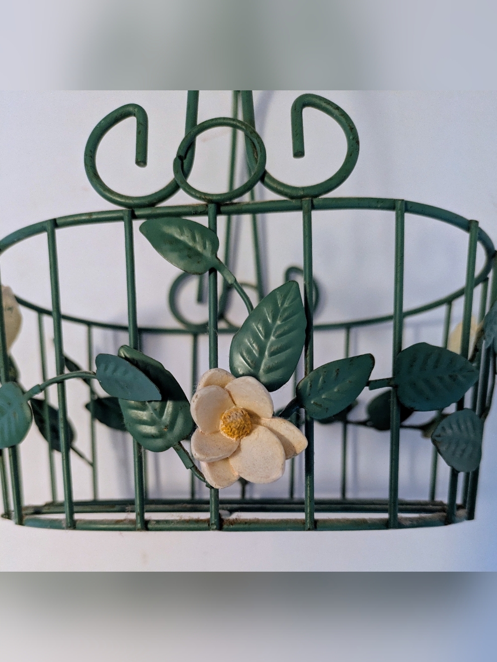 Basket Green Metal Floral Basket with Cream Flowers